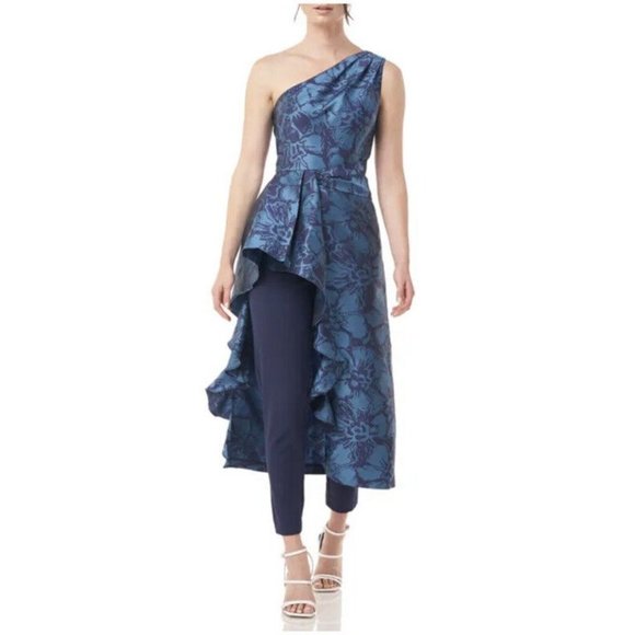 Kay Unger Dresses & Skirts - Kay Unger Women’s 8 Ginger Floral One-Shoulder Maxi Romper Navy Teal Formal New
